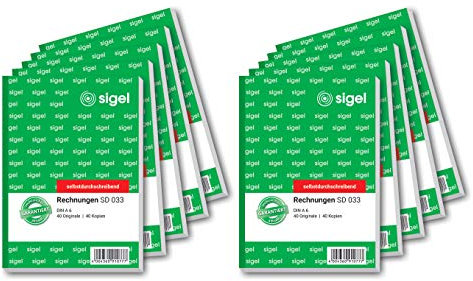 SIGEL SD033/10 Rechnungen, A6, 2x40 Blatt, selbstdurchschreibend, 10er Pack, aus nachhaltigem Papier, Rechnungsblock