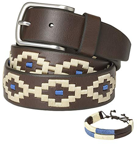 PELPE Argentinischer Ledergürtel mit passender Schnur und Lederarmband. Auf Leder gestickter Gürtel für Männer und Frauen