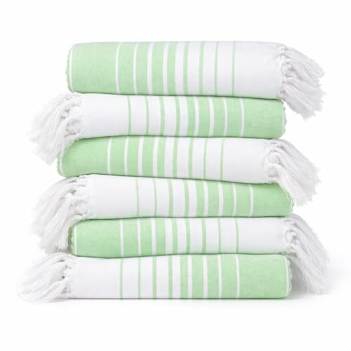 Native Fab Beach Towels Set - Green Striped Hammam Towel - 6 Pack - 40x71 - Quick Dry, Absorbent, Thin, Sand Resistant - 100% Cotton Turkish Towel for Adults, Bath, Pool - Green and White