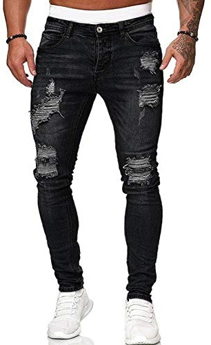 Herr stretch skinny håliga jeans med slitna hål, superbekväma slitna denimbyxor med förstörda hål