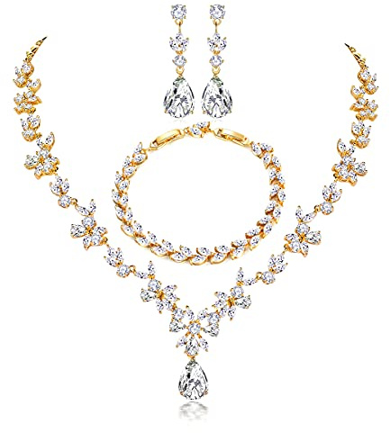 Shuxin Hochzeit Schmuckset für Damen, Halskette & Ohrringe & Armband Set, Blumen Braut Schmuck Set mit 5A Weiß Zirkonia, Allergenfrei Hochzeitsschmuck für Braut Brautjungfern
