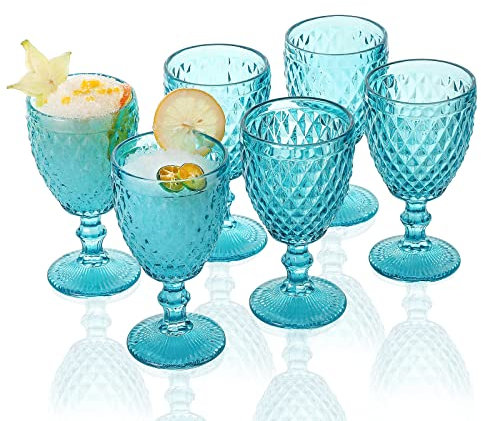 Juego de 6 copas de vino de la colección Argyle de 1500 ° C, juego de 6 copas de vidrio de color azul con patrón de diamante vintage en relieve para fiestas y bodas