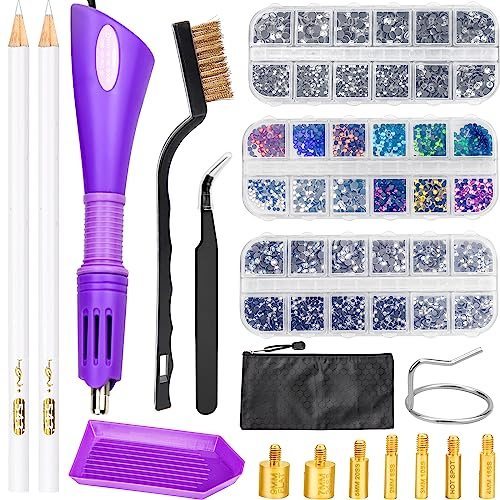 BLUESEABUY Applicatore Strass Hotfix Applicatore Bacchetta con 3 scatole di strass di colori misti, 7 punte di diverse dimensioni, pinze, spazzola di pulizia, supporto, 2 matite