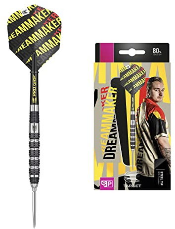 Target Darts Dimitri Van den Bergh Dream Maker 80% tungsteno Swiss Point Set di Freccette con Punta in Acciaio, Unisex, Nero, Giallo e Rosso, 24 g