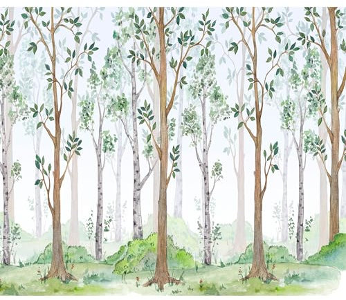 decomonkey Fototapete selbstklebend Kinderzimmer Wald 343x256 cm Selbstklebende Tapeten Wand Fototapeten Tapete Wandtapete klebend Klebefolie Bäume Skandinavisch Mädchen Zeichnung Grün
