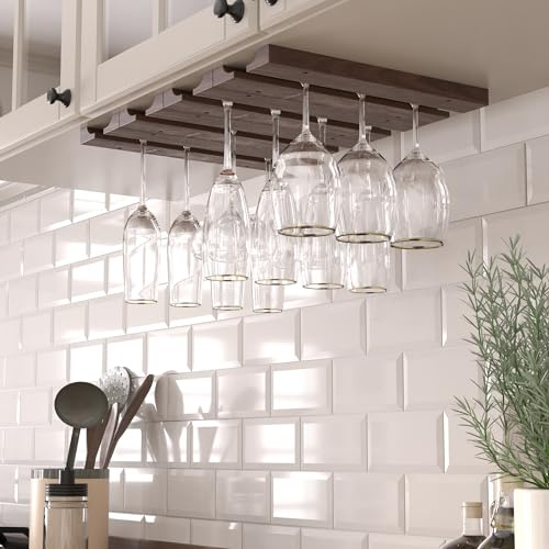 Rustic State Vigo 4 Sectional Adjustable Under Cabinet Stemware Rack - Hanging Wood Shelf Glassware Holder Bar Organizer with up to 12 Wine Glass Storage 11 Inch Deep - Chestnut