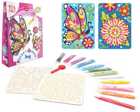 Sabbiarelli Sand-it For Fun – Bag Secret Garden | Mini Kit de Sand Art Fleur et Papillon 100% Made in Italy avec Sable Coloré et Dessins Adhésifs | Hobby Créatif 10+