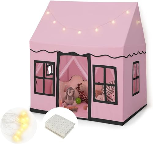 Kids Play Tent with Non-Slip Mat, Large Playhouse for Girls w/Solid Frame, Mesh Curtains, 4 Windows, Star String Lights, Indoors and Outdoors Tent Castle Playhouse for Toddlers (Pink)