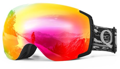 Qunature Skibrille Schneebrille UV-Schutz Dual Lens Anti-fog Sphärische | Kompatibler Helm Verspiegelte Snowboardbrille für Brillenträger Damen/Herren, Skifahren, Snowboarden