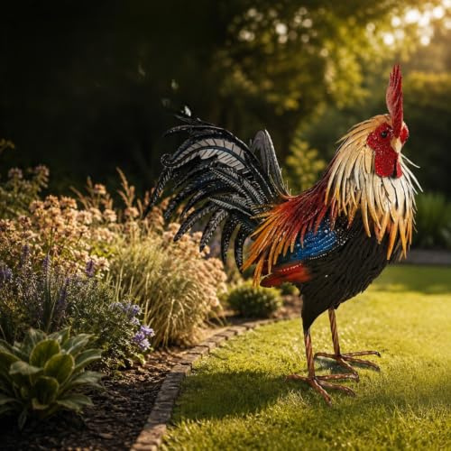 Garden Haven Rob the Rooster Metal Garden Sculpture 69cm Standing Rooster Ornament, Hand-Painted Outdoor Garden Decor for Patio, Lawn & Flower Beds, 69cm H x 66cm W