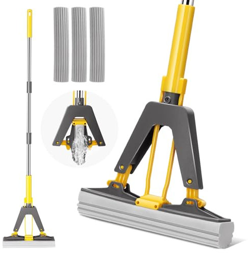 HEVOL Sponge Mop, Self Wringing with 3 PVA Sponge Heads, Adjustable Stainless Steel Handle, Yellow, Floor Cleaning Mop for Laminate, Tile, Hardwood Floor