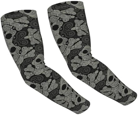 SSIMOO Manicotti da braccio per adulti, con stampa di teschio, maniche per braccia atletiche di raffreddamento perfette per attività all'aperto, nero, taglia unica