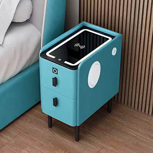 Led bedside table, Smart bedside table, bedroom bedside table, with three-color lights, with wireless charging, with USB socket, with Bluetooth dual speakers, with fingerprint lock(Sky blue,40*40*45cm