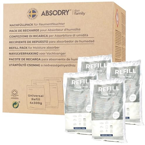 AbsoDry - Recharge déshumidificateur d'air anti moisissure 4×300 g - Compatibilité universelle - Empêche les odeurs & retient l'humidité - Recharge absorbeur d'humidité