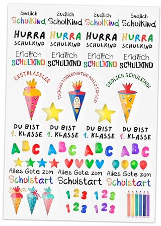 Rub‑On Sticker Schulanfang, Einschulung, randlos, DIN A5, für Glas, Keramik, Kunststoff, glatte Oberflächen
