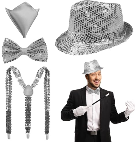 NebulaGlam Glitzer Accessoires Herren, Glitzer Kostüm Herre, Glitzer Fliege und Hosenträger Herren Pailletten Zylinder Hut Taschentücher, für Karneval Fasching Mottoparty