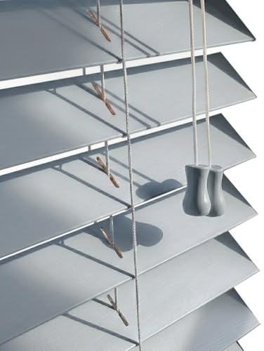 Ev Dekor Grey Wooden Venetian Blinds With String Design, 50mm Slats, Bathroom, Kitchen, Door, Window Blinds – 90 X 150cm