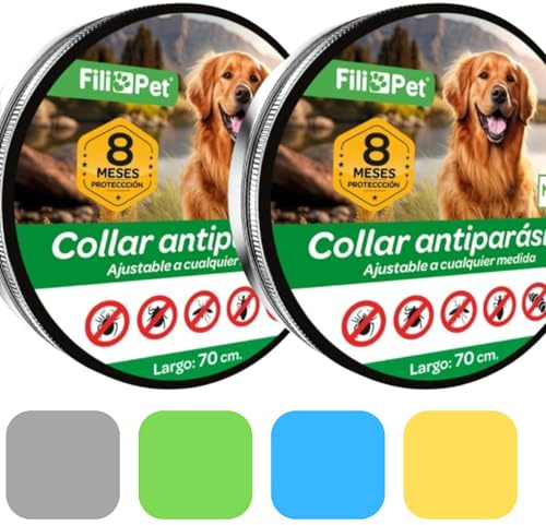 Collar Antiparasitario para Perros | Desparasitante Eficaz contra Pulgas, Garrapatas, Mosquitos y Piojos | Resistente al Agua | Ajustable 70cm | 8 Meses de Protección | Pack 2 (Gris, 62cm)