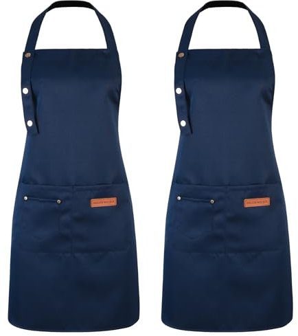 ViEinkaufen 2 Pack Adjustable Cooking Apron With Pockets - Unisex Canvas Waterproof Apron For Home Kitchen, Restaurant (Blue)