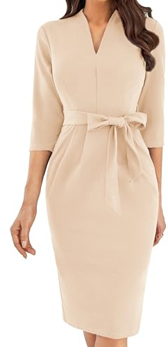 GRACE KARIN Etuikleid Aprikose für Damen 2024 Partykleid Arbeitskleider V-Ausschnitt 3/4 Ärmel Elegante Kleider Beige L