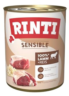 RINTI – Sensible | Våtfoder för känsliga och vuxna hundar med naturliga köttbitar. Spannmålsfritt helfoder i burken utan konstgjorda tillsatser | 6 x 800 g lamm ris