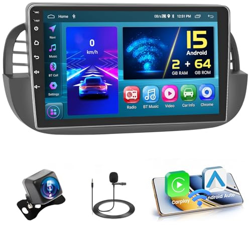 2+64G Autoradio per FIAT 500 2007-2015 con Wireless CarPlay Android Auto | 9 pollici Radio Android 15 con Bluetooth FM/RDS WiFi SWC vivavoce Navi microfono telecamera di retromarcia