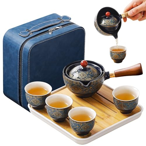 REOWONU Chinese tea set,Chinese gongfu tea set, Portable Teapot Set with 360 Rotation Tea maker and Infuser,kung fu tea set Portable All in One leather Bag (4cups-Floral Black)