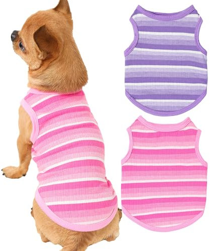 2-Piece Striped Dog Shirts Puppy Clothes for Small Dogs Girl Boy for Teacup Dog, Yorkie, Pink Cute Pet Cat Outfit Doggie Tee Shirt XXS Purple