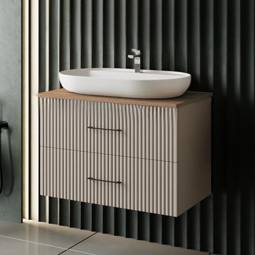 Karen Waschtisch mit Unterschrank Liana | Keramikwaschbecken | Unterschrank | Badmöbel | Aufsatzwaschbecken | Konsolenwaschtisch | Elegant | Badezimmer | Riffeloptik (Liana 80 mit Konsole Walnuss)
