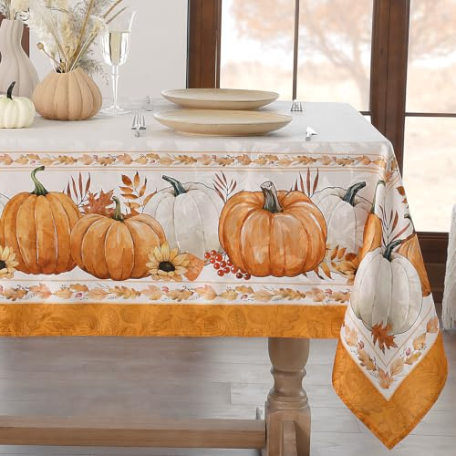 Softalker Tischdecke Herbst abwaschbar 140x240 cm Jacquard Orange rechteckig,Kürbismotiv,Elegantes Design,Tischtuch Tablecloth für Festessen,Draußen,Party,Herbst Tischdeko,Ferien,Thanksgiving,Balkon