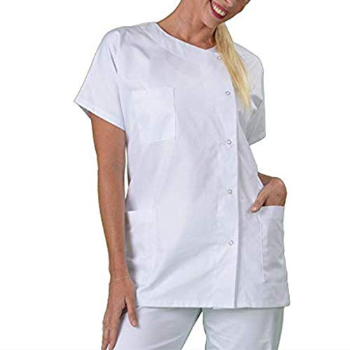 Blouse medicale Femme Homme Blouse Blanche Chimie Lycee Coton Tunique Estheticienne Professionnelle Manches Courte 3 Poches Chemise de Médecin Médical Chimie étudiant et Lycée Pharmacie (White, S)
