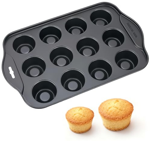 Lotnery 12 Cup Non-Stick Loose Bases Mini Sandwich Tin Baking Tray Carbon Steel Cupcake Mold Non-Stick Coating Muffin Pan Reusable Non-Removable Bottom, Dishwasher Safe, 33x21x4cm
