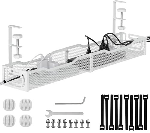 Under Desk Cable Management, Cable Management No Drill, 25'' Metal Cable Tray with Clamp for Standing Desk, Home Office, (White)