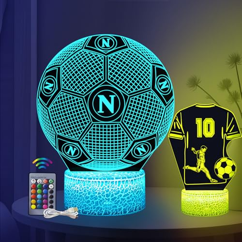 2 Pezzi Napoli Calcio Lampada - Calcio Regalo Bambini, 16 Colori Luce Notturna Calcio Intelligente Con Telecomando a 3D LED Illusione Idea Regalo di Natale Calcio Decorazione Per la Camera dei Bambin