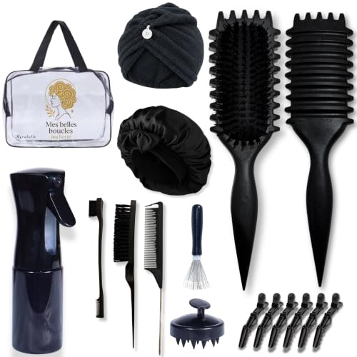 Kyrabelle Kit per capelli ricci, ricci, crespi, spazzola definizione-vaporizzatore, 200 ml, cuffia satinata, asciugamano in microfibra, set di placcatura, spazzola massaggiante, kit di definizione