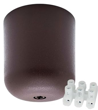 Deckenbaldachin Braun Ø 65 mm H 69 mm matt – Kunststoff Baldachin mit Zugentlaster + Mini Lüsterklemme 3-polig 1,5 mm² L+Erde+N – Deckenrosette für Lampenmontage