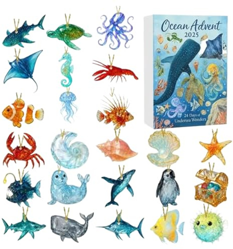 Adventskalender 2025 Kinder Sea Glass Thema, 24 Tage Maritimer Adventskalender mit realistischen Meerestieren Deko Figuren, für Weihnachten, Kinder und Sammler