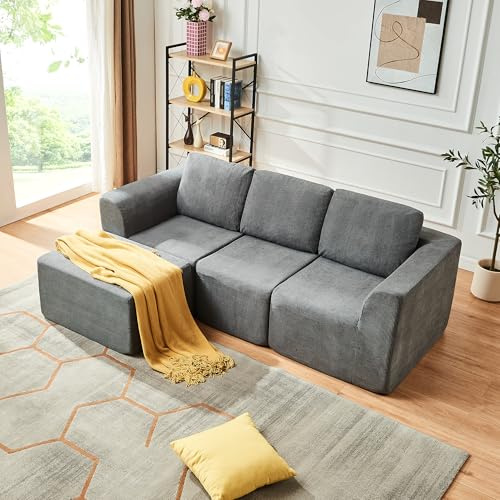 Panana Modular Sectional Sofa with Removable Chaise, Corner Sofa Lounge Sofas For Living Room, No Assembly Required (Grey, 3 Seater & Footstool)