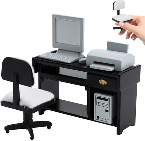 CNAFGBGG Scrivania in Miniatura 1/12 Mobili per casa delle Bambole in Legno Simulazione Sedia da Tavolo per casa delle Bambole con Computer Miniatura e Stampante per Accessori per