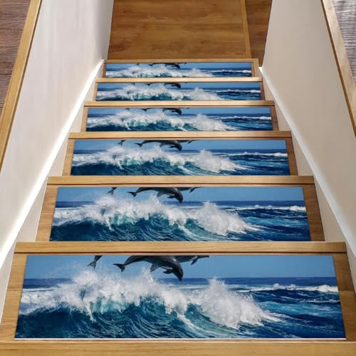 RODAILYCAY Tappeto antiscivolo per scale con delfini, mare, oceano, 15 pezzi, per gradini in legno per interni, gradini per scale, con retro in TPE