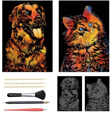 HIVTE 2er-Set Kratzbilder für Erwachsene & Kinder, DIY-Tiermotive mit Foliengravur und Werkzeug (A3 – Katze & Hund)