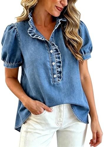 Dam volang v-hals puff kortärmad denimtoppar, skjorta med knappar | Polo t-shirt, sommar Chambray blusar, gå ut toppar för semester daglig användning
