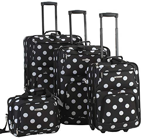 Rockland Gepunktetes Softside-Gepäck-Set, Schwarze Punkte, 4-Piece Set (14/19/24/28), Polka Fashion Softside Erweiterbares aufrechtes Gepäck-Set