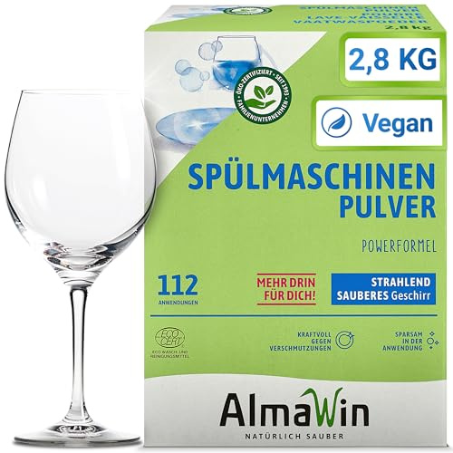 AlmaWin® Spülmaschinen Pulver mit Powerformel für strahlend sauberes Geschirr [2,8kg - 112 Anwendungen] - Kraftvolles Geschirrspülmittel Pulver - Ohne Phosphate, Öko & VEGAN, Dishwasher Powder