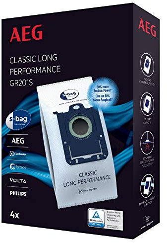 AEG Cylinder S-Bag, 4 x Dust Bags For Vacuum Cleaner, GR201S, Lasts 50% Longer, High Filtration Efficiency, Hygienic Closing Function