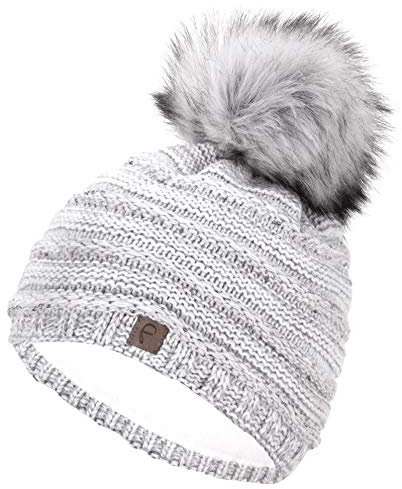 Faera Wintermütze Mütze Damen Pailletten warm gefüttert Bommelmütze Fleecefutter Winter Mädchen Strickmütze Beanie Weihnachten 36, Farbe:Weiß