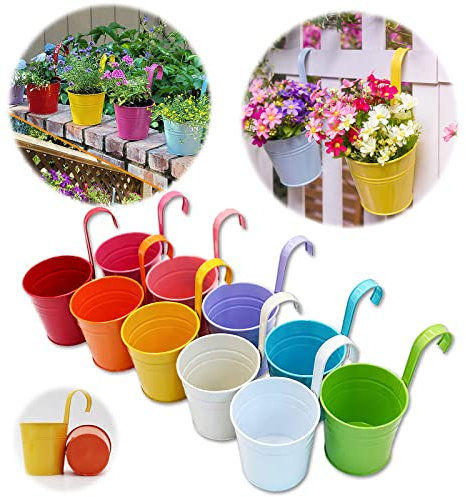 GIOVARA Large Metal Flower Pot Vase Bucket Hanging Garden Planter without Drainage Hole, Balcony Home Decor, Detachable Hook (10 Pcs with Assorted 10 Colours)