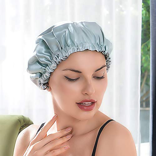 THXSILK Seide Schlafmütze mit Hyaluronic Acid Atmungsaktive Seiden Nachtmütze Elastisch Schlafhaube Hut Nacht Schlaf Kopfbedeckung für Haarpflege (Hellblau & Grau, M (für kurzes/mittleres Haar))