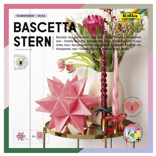 folia 826/1515 - Bastelset Bascetta Stern, Transparent rosa, 15 x 15 cm, 32 Blatt, fertige Größe des Papiersterns ca. 20 cm, mit ausführlicher Anleitung - ideal zur zeitlosen Dekoration