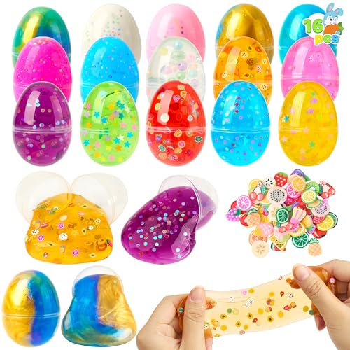 JOYIN 16 Pcs Prefilled Easter Eggs with Crystal, Galaxy, Slime and Confetti Stress Relief for Kids Easter Party Favors Supplies, Eggs Hunt, Basket Stuffers Fillers